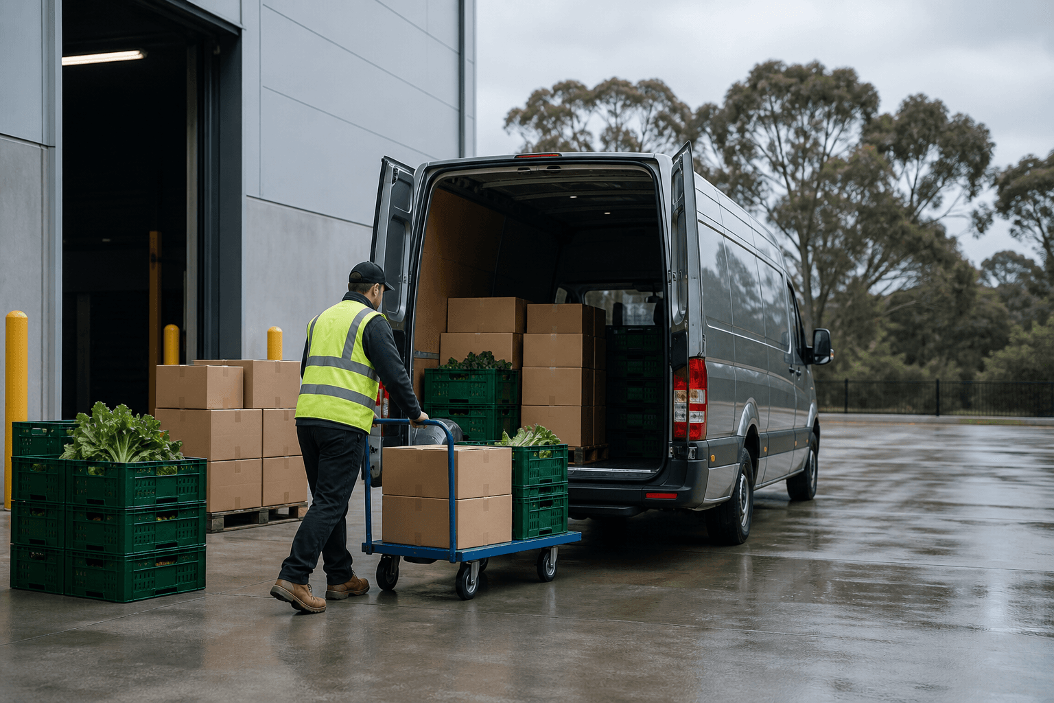 Food supply cartons and produce crates being loaded into a delivery van