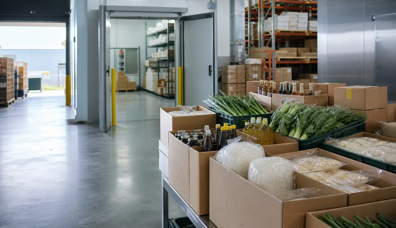 Assorted wholesale food cartons and produce prepared in a distribution facility